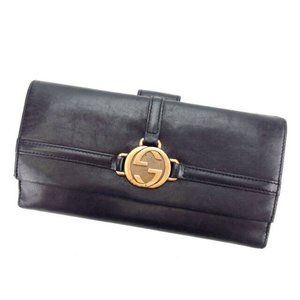 Auth Gucci Wallet Purse Long Wallet G logos Black Gold Woman